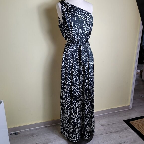 Tahari ASL Black & White One Shoulder Women's Slit Gown Dress | Size 14 - Picture 2 of 13